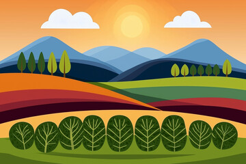 Obraz premium Responsible agriculture fosters organic growth. Vibrant landscape with rolling hills, trees, and sunset sky