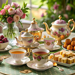A delightful afternoon tea setting with delicate floral teacups and a teapot.