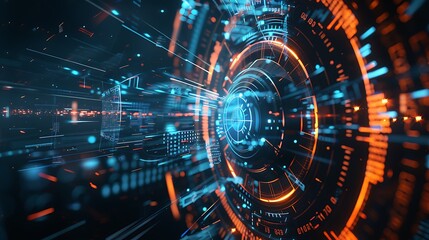 A futuristic digital interface with glowing blue and orange elements, suggesting advanced technology and data visualization.