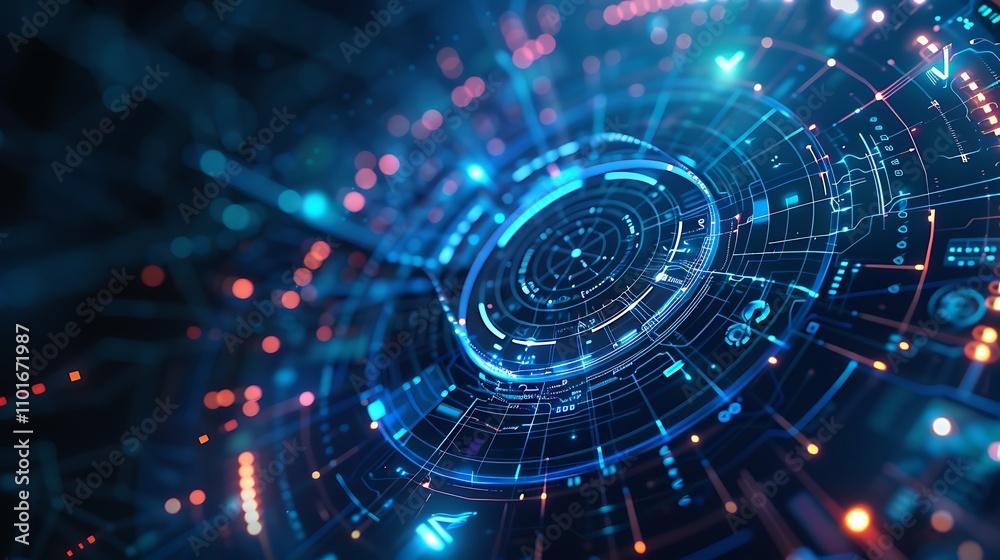 Poster a futuristic digital interface showcasing intricate patterns and glowing elements, representing tech