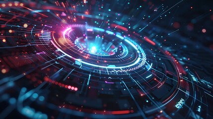 Obraz premium A vibrant digital abstract design featuring concentric circles and glowing particles, representing technology and innovation.