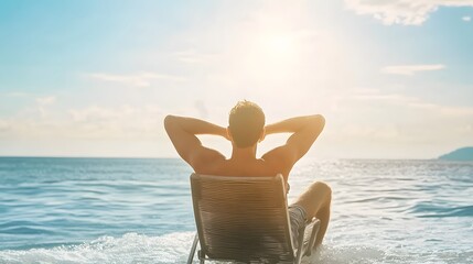 Man relaxing on a lounge chair by the ocean under bright sun.