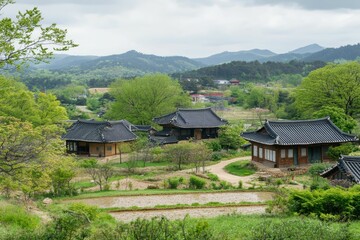 Obraz premium Traditional Korean houses nestled in verdant hillside.
