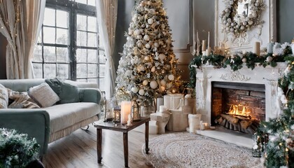 Elegant and Stylish Living Room Interior with a Cozy Fireplace, Festive Christmas Tree, and Beautiful Seasonal Decorations Creating a Warm, Inviting Holiday Atmosphere for Celebration