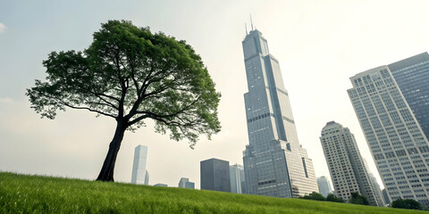 Naklejka premium Tree Silhouette Morphing Into Skyscraper Symbolizing Nature Urban Fusion with Copy Space