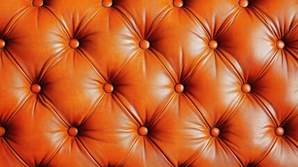 Fototapeta premium Detailed close-up of buttoned leather upholstery featuring rich orange tones and prominent tufting, highlighting interior design and texture.