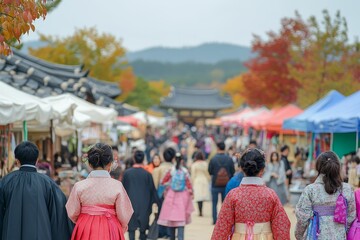 Women in Hanbok stroll autumnal Korean market.