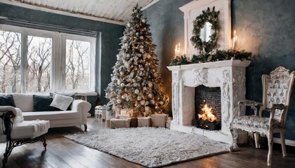 Elegant Living Room Interior with Festive Christmas Decorations, Featuring a Decorated Tree, Fireplace, Warm Lighting, and Seasonal Accents for a Cozy Holiday Ambiance