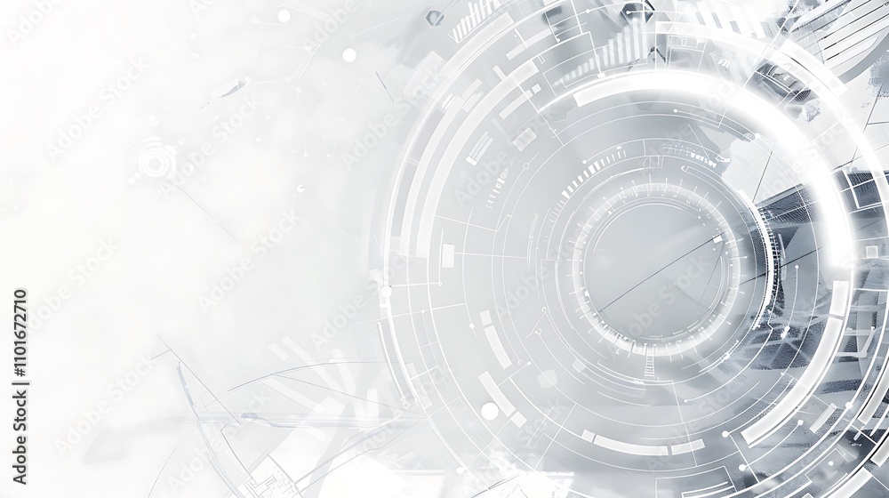 Poster a futuristic, abstract design featuring circular patterns and digital elements in a monochromatic co