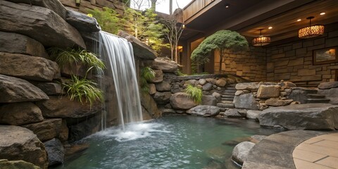 Tranquil Indoor Waterfall Close Up with Natural Stones for Spa Wellness Retreats Copy Space