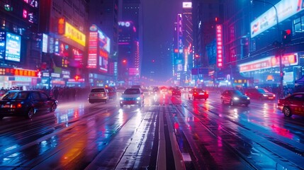 Fototapeta premium Colorful neon signs light up the bustling street as cars navigate through rain-soaked asphalt