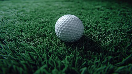 Obraz premium Close-up view of a golf ball resting on vibrant synthetic grass, perfectly positioned for an impending swing, capturing the essence of sports activity.