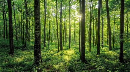 Fototapeta premium Serene Sunlight Drenched Forest Landscape