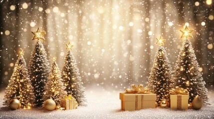 Festive background showcasing a snowy forest with sparkling Christmas trees adorned with gold decorations and gift boxes under a shimmering bokeh effect