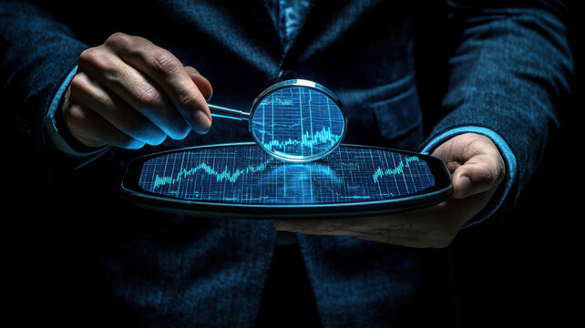 businessman examines digital tablet displaying holographic stock market data with magnifying glass, highlighting financial analysis and technology