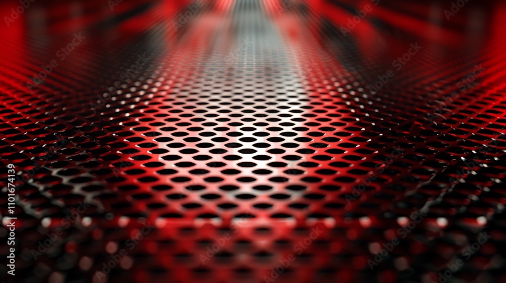 Poster a close-up view of a textured surface with perforated patterns and red lighting effects, creating a 