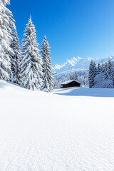 Obraz premium Winter wonderland landscape with wooden cabin among snow covered fir trees and mountains in the background