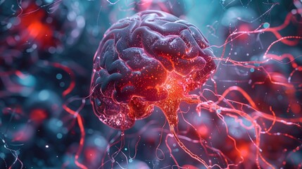 Fototapeta premium Vivid depiction of a brain with encephalitis, featuring glowing neural connections