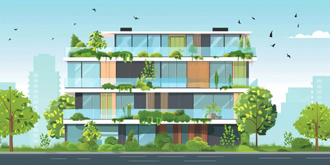 Modern eco-friendly building with greenery on balconies clear sky and birds flying.