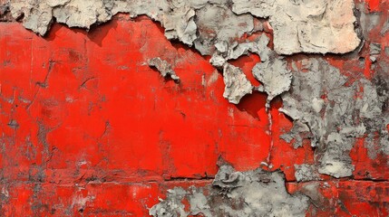 Obraz premium Crumbling red brick wall showing peeling plaster and textured surface with layers of flaking paint and weathered appearance.