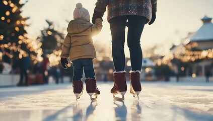  Small Child Holding Father&rsquo;s Hand While Skating on an Ice Rink with Festive Christmas Lights in the Background, A Heartwarming Winter Scene