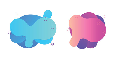 Abstract geometric blobs in blue and pink gradients with decorative elements on a white background.