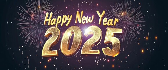 Vibrant New Year banner featuring fireworks explosion background with golden "Happy New Year" text on a colorful night sky,perfect for web or print card, poster. Flat style vector art.
