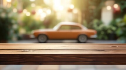 Fototapeta premium Empty wooden table in the foreground with a softly blurred background showcasing a vintage car, enhanced by warm bokeh lighting in a serene setting.