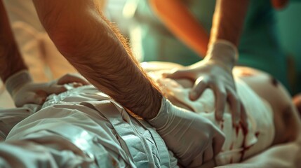 Medical staff are treating an injured person using immobilization techniques