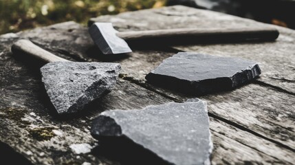 Close-up of ancient stone tools, sharp flint knives, and polished axes on a weathered wooden surface, symbolizing prehistoric craftsmanship and the dawn of human ingenuity.