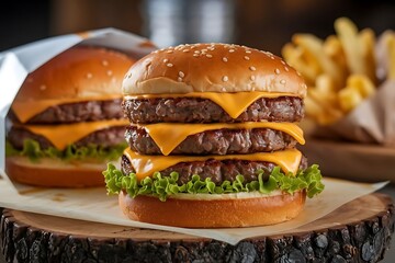 Side view double cheeseburger with grilled beef patties cheese and lettuce leaf between burger buns