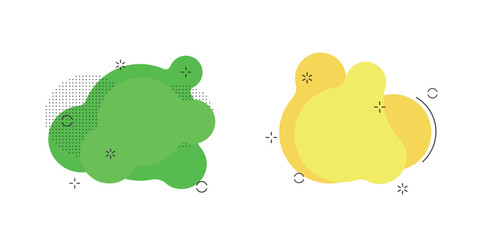 Abstract geometric blobs in green and red with decorative dotted and gradient details on a white background.