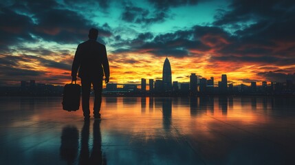 A silhouetted figure with a suitcase stands against a vibrant sunset skyline.