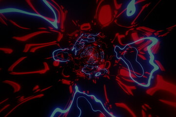 Neon red and blue tunnel abstract background. Neon party background wallpaper. Time travel abstract background. Abstract background in blue and red neon glow colors. Speed of light in galaxy.
