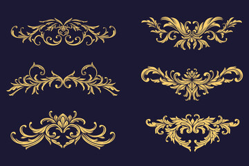Set of Vintage golden Scroll ornament. Damask, baroque, filigree, arabesque, flourish element. Decorative   border frame. Art deco Fancy symmetry floral ornamental.
