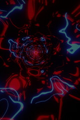 Neon red and blue tunnel abstract background. Neon party background wallpaper. Time travel abstract background. Abstract background in blue and red neon glow colors. Speed of light in galaxy.

