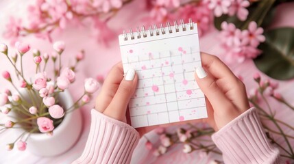 Hands hold a floral menstrual calendar amid delicate pink flowers in a serene scene