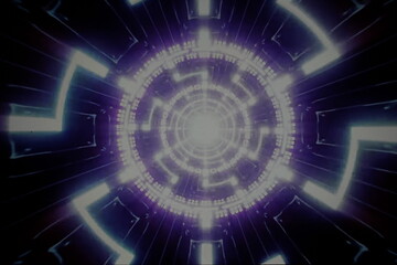 Purple neon light tunnel abstract background. Abstract technological time travel background
