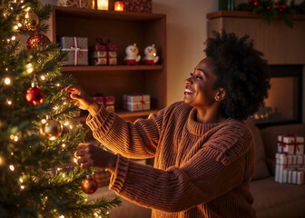 A woman is decorating a Christmas tree with ornaments