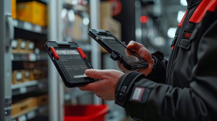 Two workers are using mobile devices to compare data during a warehouse inventory check