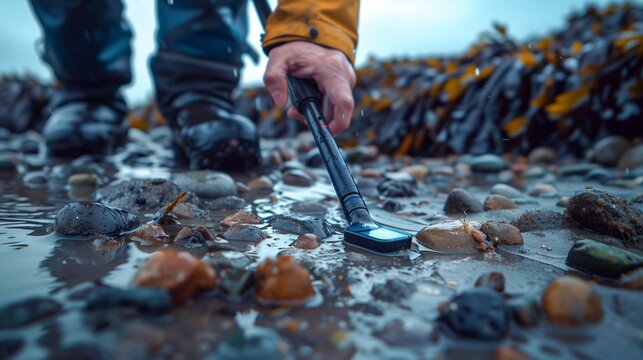 A person is searching through wet rocks and seaweed with a metal detector, hopeful for finds