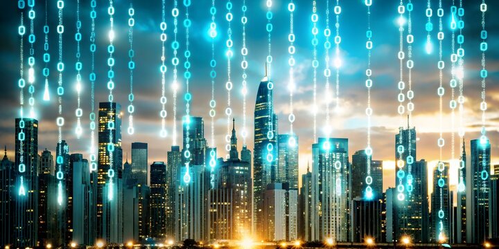 City Skyline Glowing Binary Rain Glossy Image Concept of Cyber Resilience and Data Flow with Copy Space