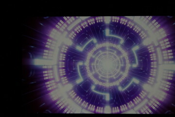 Purple neon light tunnel abstract background. Abstract technological time travel background
