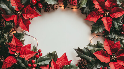 Festive Christmas Wreath Featuring Vibrant Poinsettia Flowers and Holly Leaves with Pine Cones and Decorative Lights for Holiday Decor