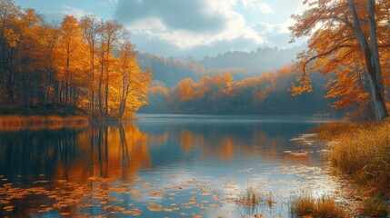 Serene Autumn Landscape with Vibrant Foliage Reflected in the Calm Lake