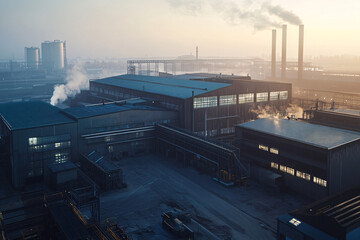 Fototapeta premium aerial view of a large industrial factory with smoking chimneys at sunrise surrounded by warehouses and machinery 