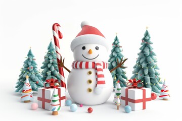 Festive snowman amid decorated trees and gift boxes