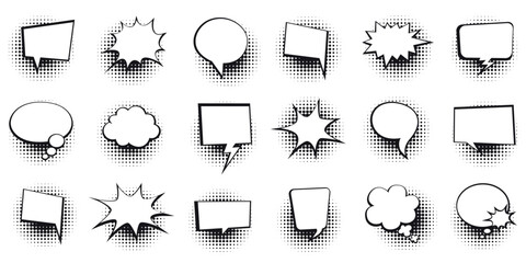 Set of various black and white halftone comic speech bubbles in different shapes isolated on a white background. © Ophelia