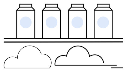Four milk cartons, each with a blue circle, aligned on a shelf above two simple line-drawn clouds. Ideal for dairy products, minimalist design, grocery stores, packaging, product lineup, food