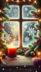  A cozy Christmas window with frosty patterns on the glass, a glowing candle on the windowsill, surrounded by pine garlands and red berries, soft snowfall outside